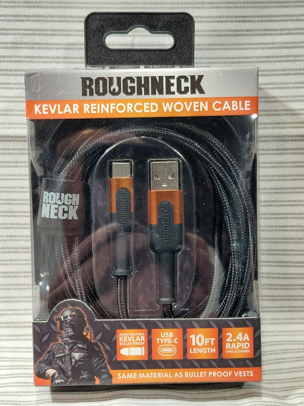 NEW Roughneck Kevlar Reinforced USB-C Cable - Black Charging Cable 10' Long